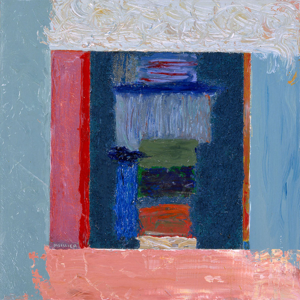 assemblage painting - main colors pale blue and pink